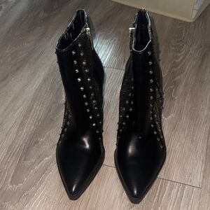 Black Studded Pointed Toe Ankle Boots - Women's Fashion Booties